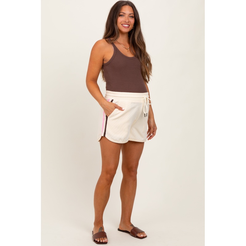 Cream Drawstring Stripe Detail Maternity Shorts
