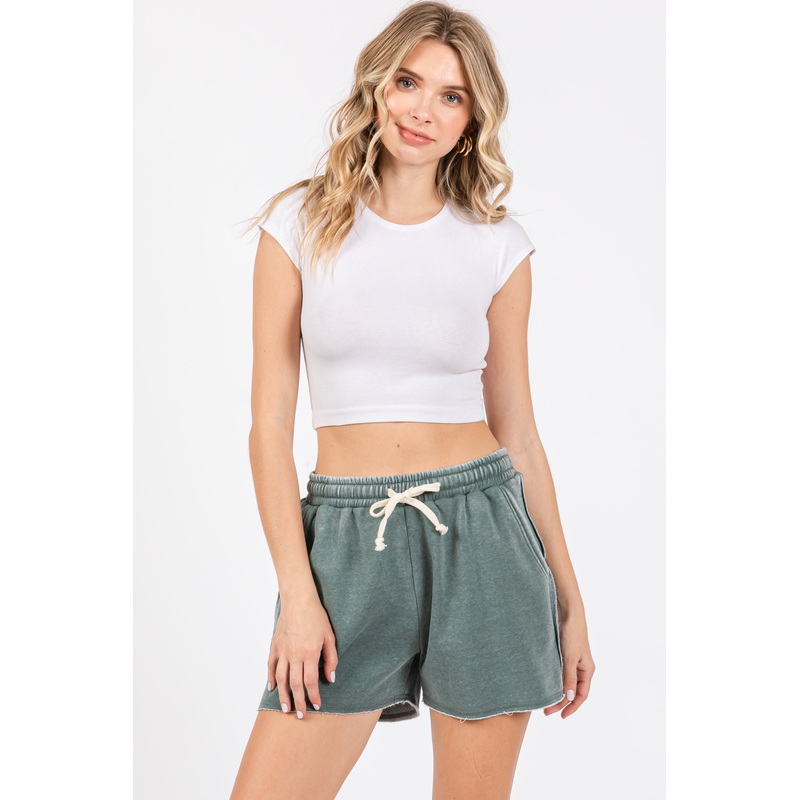 Green Faded Wash Drawstring Shorts