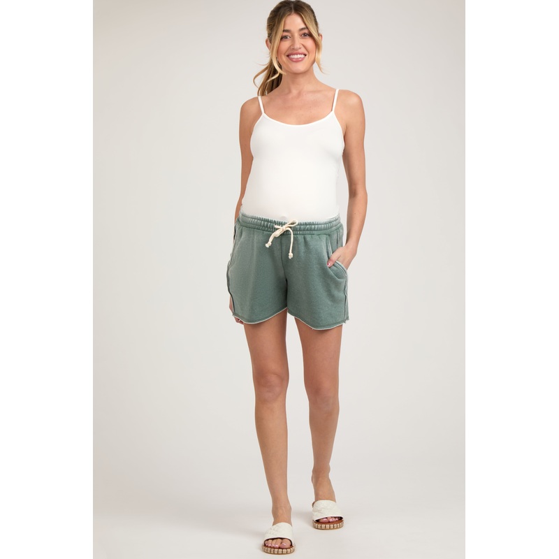 Green Faded Wash Maternity Drawstring Shorts