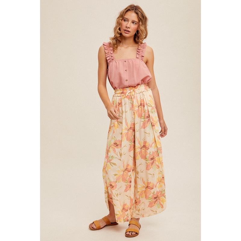 Orange Tropical Floral Print Wide Leg Tulip Pants