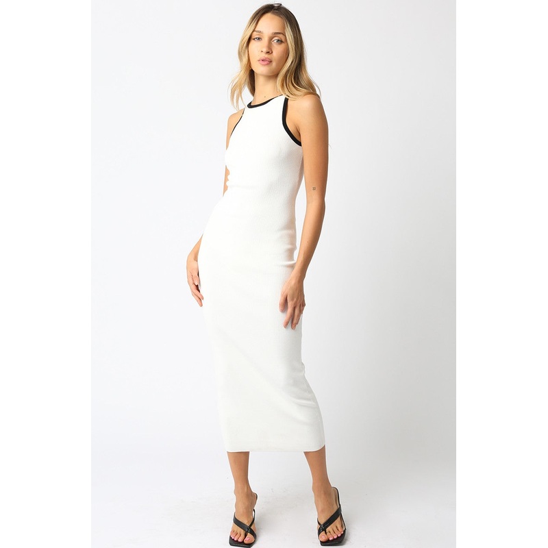 White Knit Contrast Trim Midi Dress