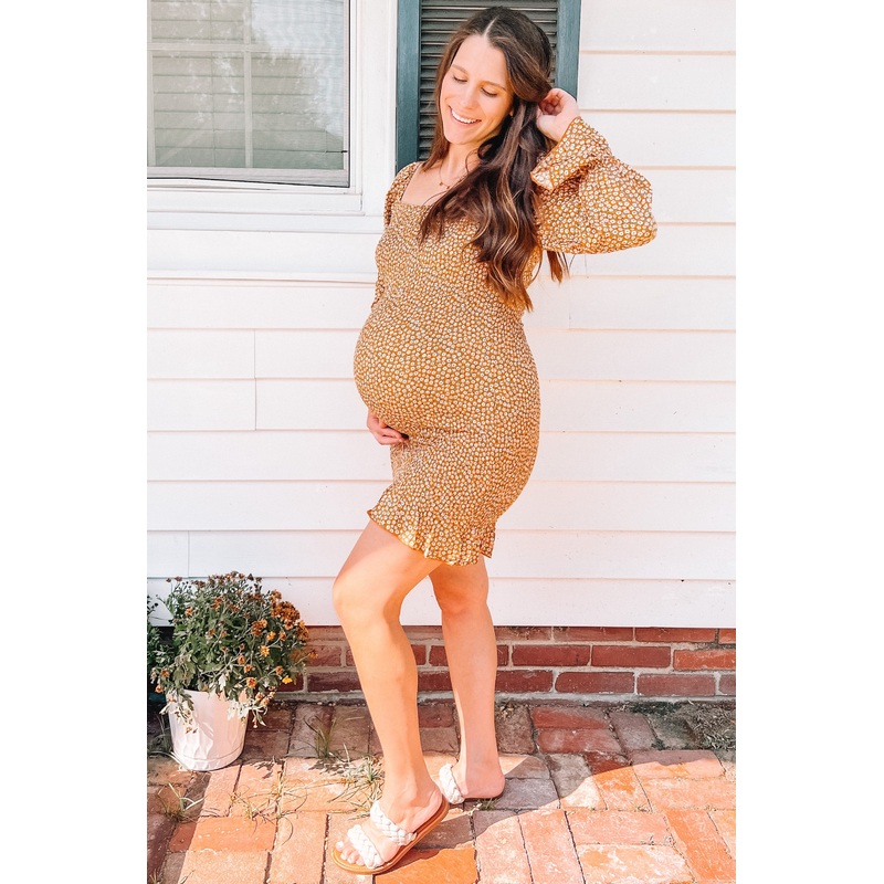 Yellow Ditsy Floral Smocked Long Sleeve Maternity Mini Dress
