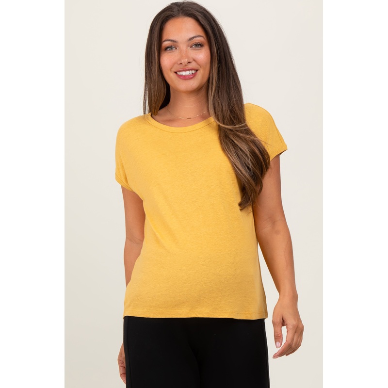 Yellow Linen Blend Maternity Short Sleeve Tee
