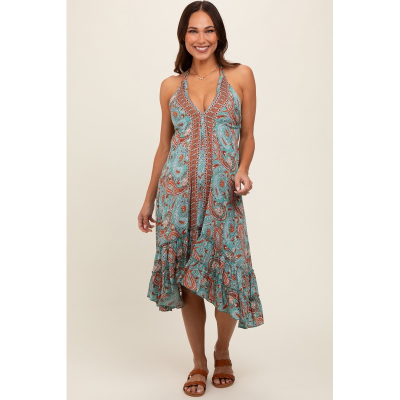 Aqua Floral Paisley Cut-Out Back Halter Maternity Dress