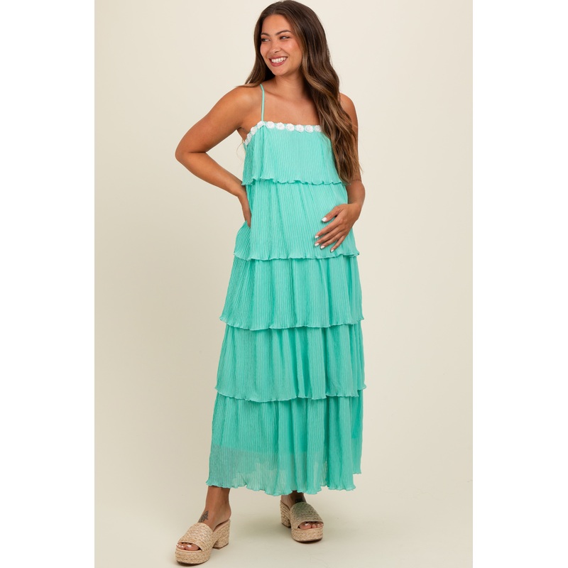 Aqua Ruffle Tiered Maternity Maxi Dress