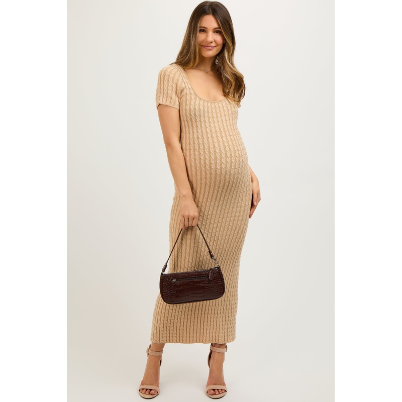 Beige Cable Knit Maternity Sweater Dress