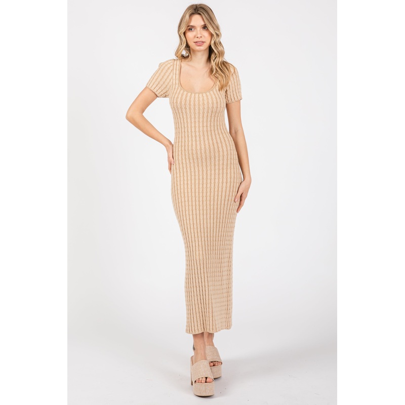 Beige Cable Knit Sweater Dress