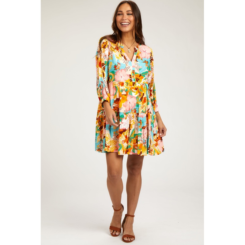 Beige Multicolor Floral 3/4 Length Sleeve Maternity Dress