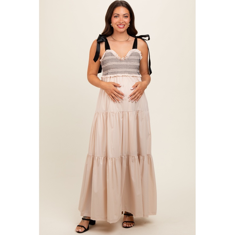 Beige Sweetheart Neck Smocked Embroidered Ribbon Shoulder Tie Maternity Midi Dress