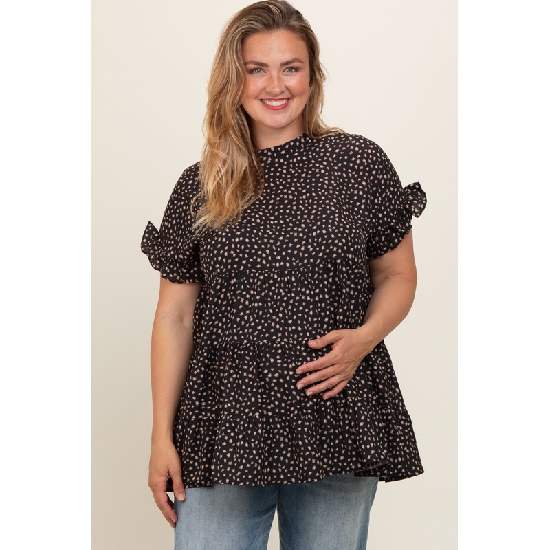 Black Animal Print Tiered Plus Maternity Top