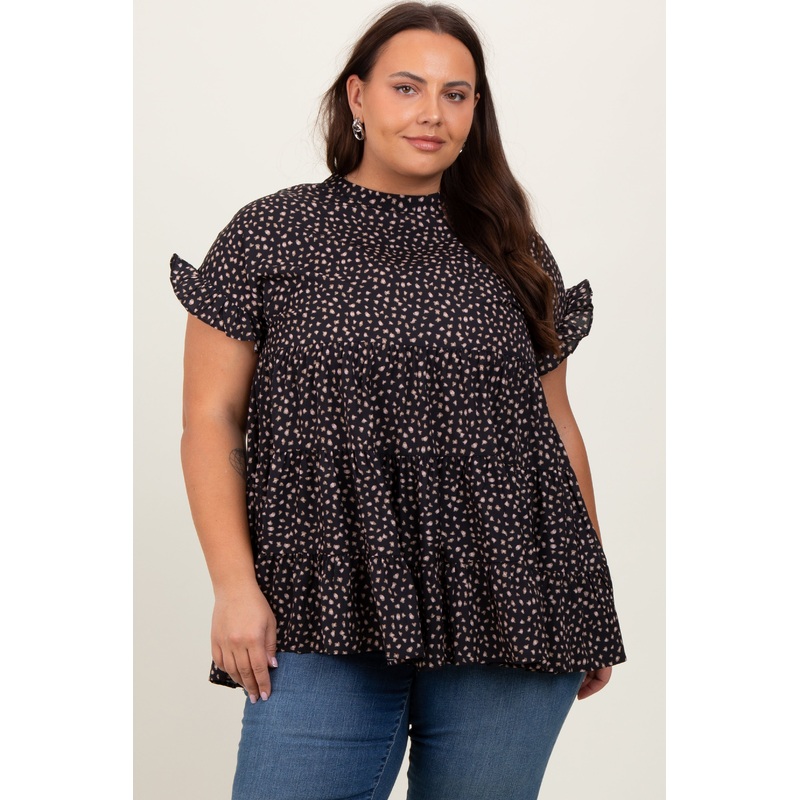 Black Animal Print Tiered Plus Top