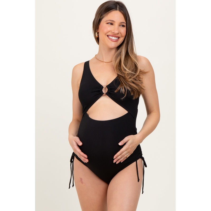 Black Ribbed O-Ring Cutout Tie Side Maternity Swimsuit