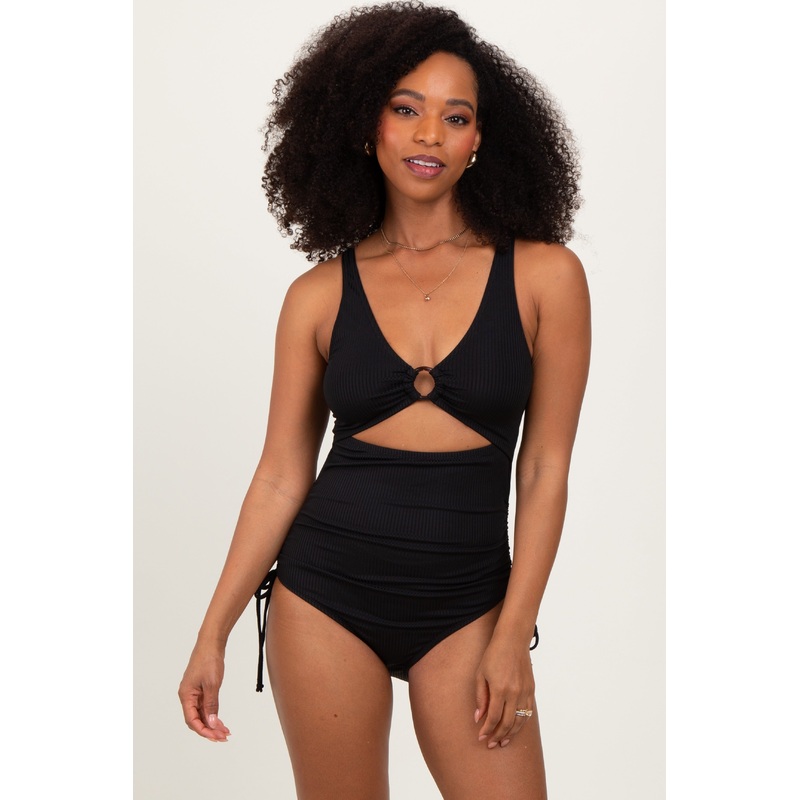 Black Ribbed O-Ring Cutout Tie Side Swimsuit