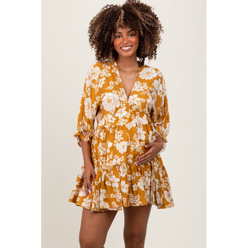Yellow Floral Deep V-Neck Maternity Mini Dress