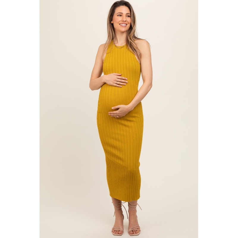 Yellow Ribbed Sleeveless Back Slit Maternity Midi Dress