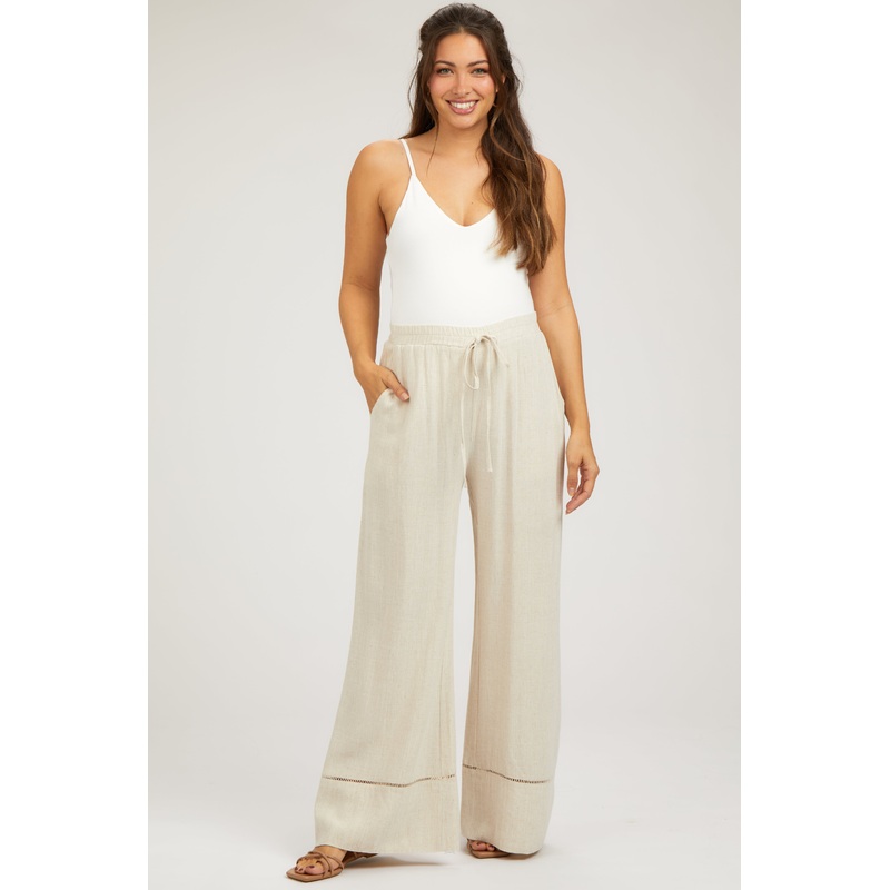 Beige Linen Wide Leg Lace Trim Maternity Pants