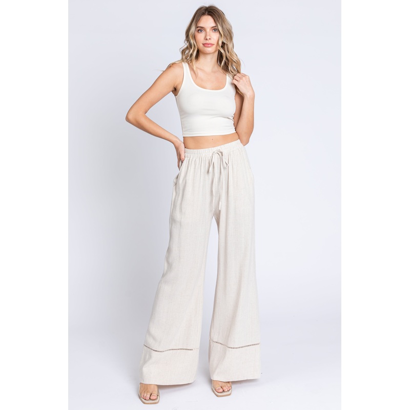 Beige Linen Wide Leg Lace Trim Pants