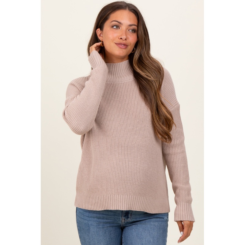 Beige Relaxed Mock Neck Maternity Sweater