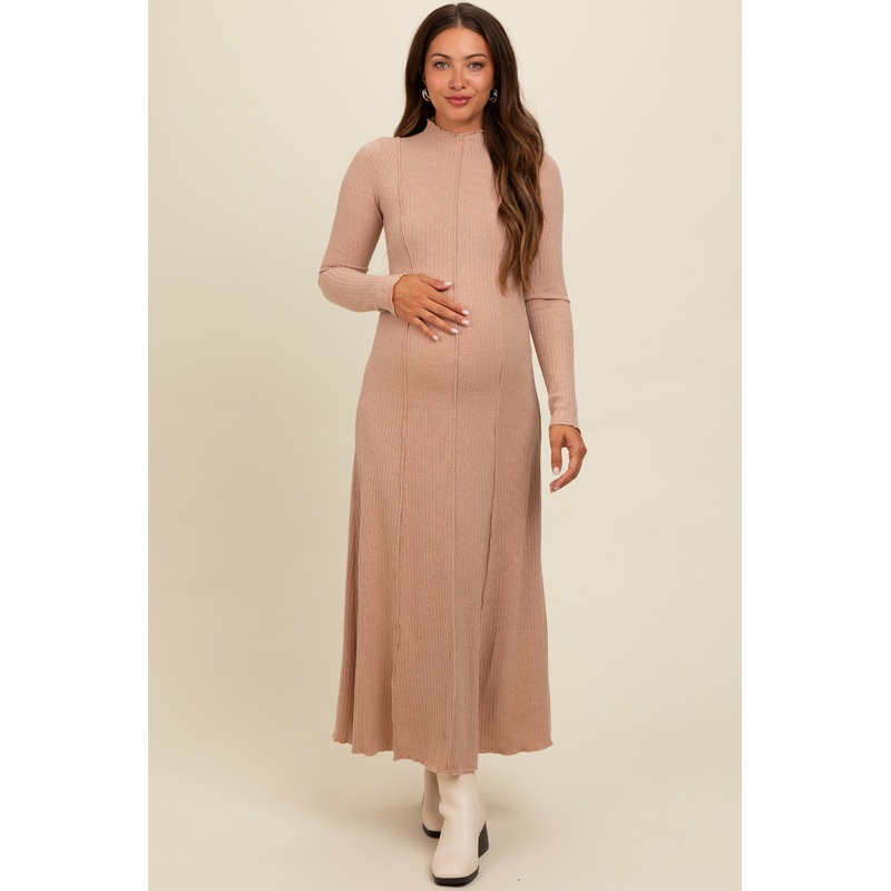 Beige Ribbed Exposed Seam Mock Neck Maternity Dress