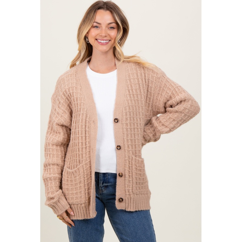 Beige Waffle Knit Button Up Cardigan