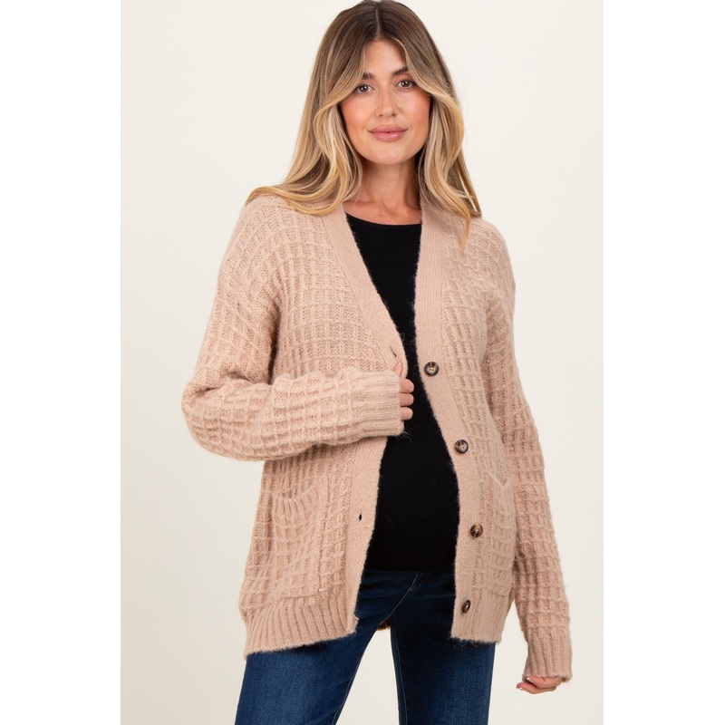 Beige Waffle Knit Button Up Maternity Cardigan