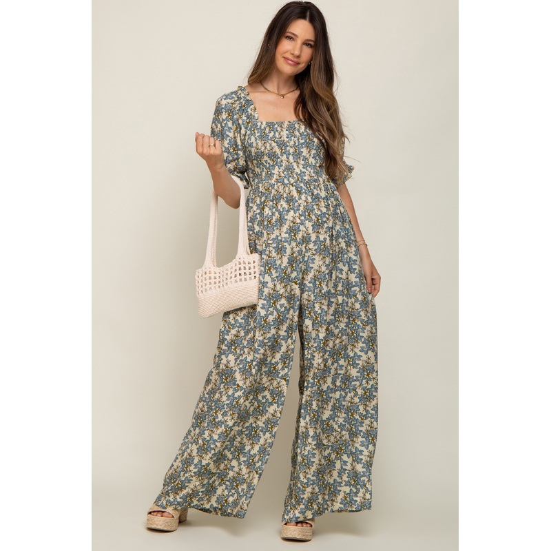 Cream Floral Smocked Maternity Jumpsuit