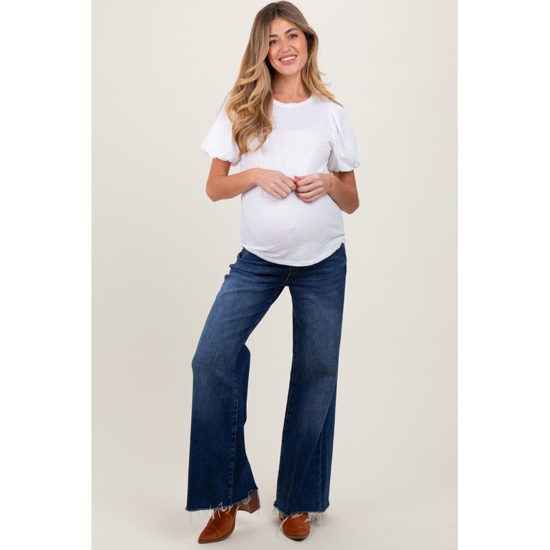 Navy Blue Raw Hem Extra Wide Leg Maternity Jeans