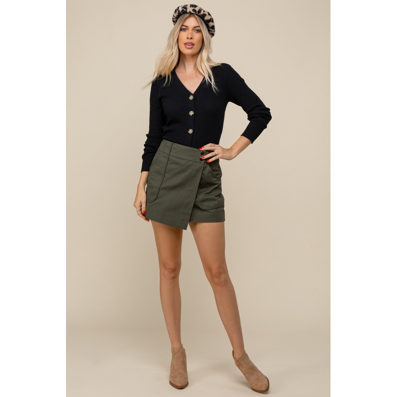 Olive Front Overlap Utility Mini Skirt