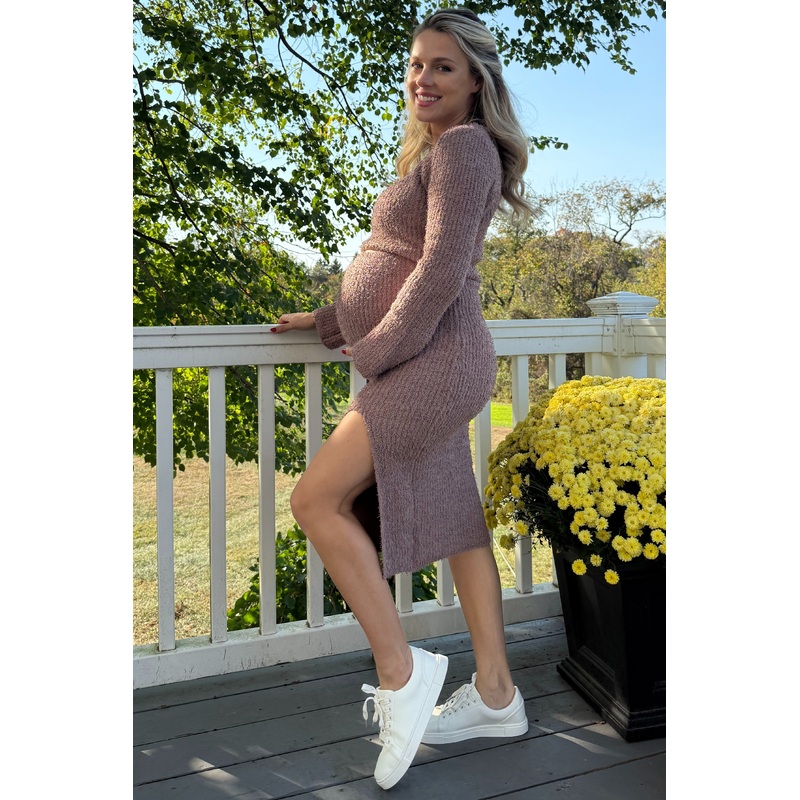 Taupe Textured Knit Long Sleeve Top and Skirt Maternity Set