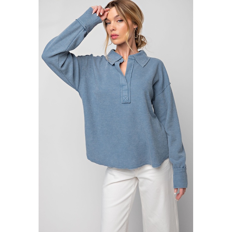 Washed Denim Washed Thermal Henley Knit Top