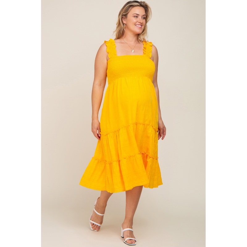 Yellow Smocked Square Neck Ruffle Strap Tiered Maternity Plus Midi Dress