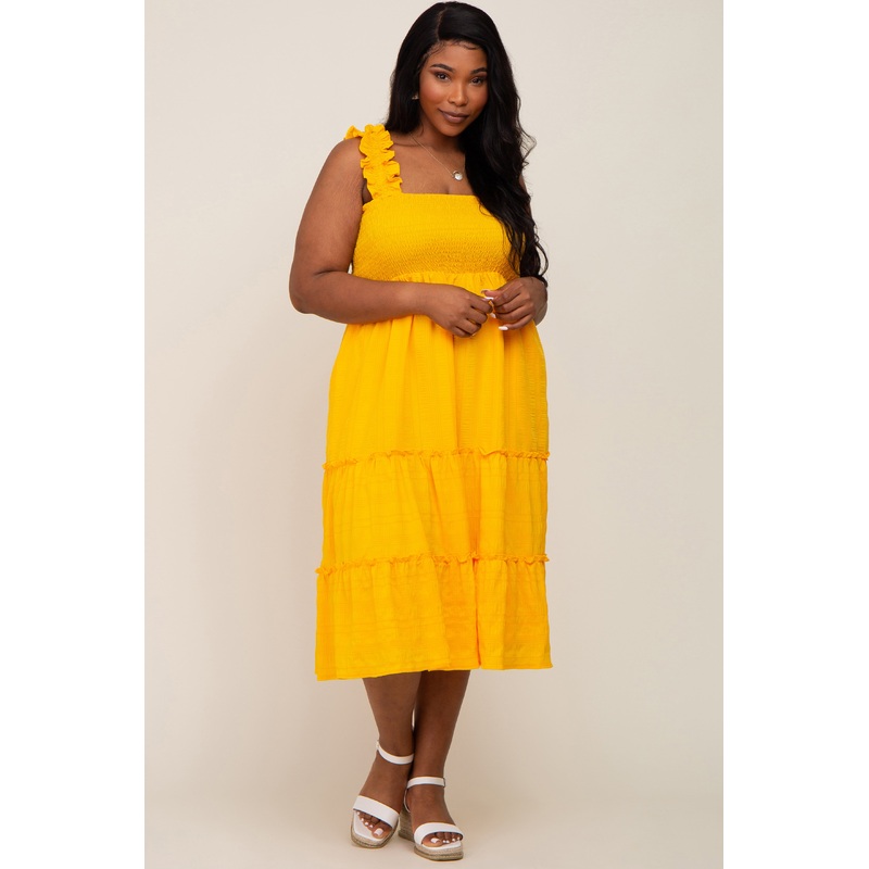 Yellow Smocked Square Neck Ruffle Strap Tiered Plus Midi Dress
