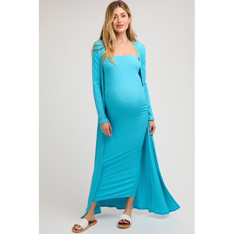 Aqua Ribbed Sleeveless Dress Cardigan Maternity Set