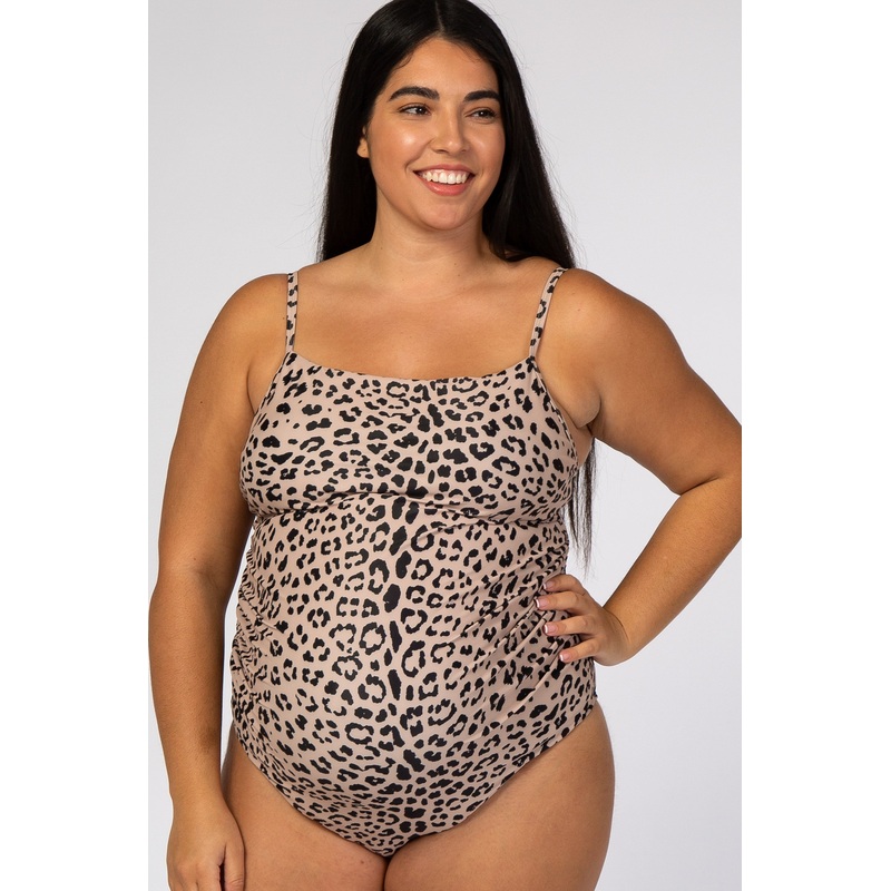 Beige Cheetah Print One-Piece Maternity Plus Swimsuit