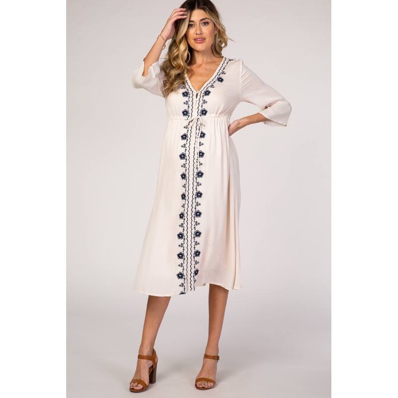 Beige Floral Embroidered 3/4 Sleeve Maternity Midi Dress