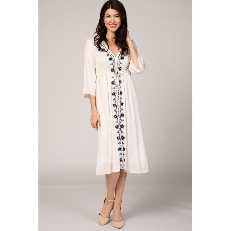 Beige Floral Embroidered 3/4 Sleeve Midi Dress