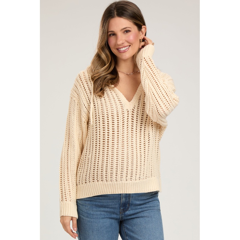 Beige Open Knit Maternity Hooded Sweater