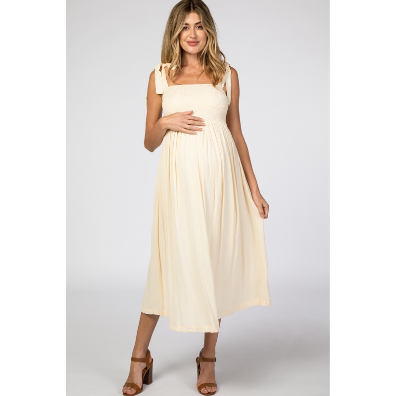 Beige Smocked Tie Strap Maternity Midi Dress