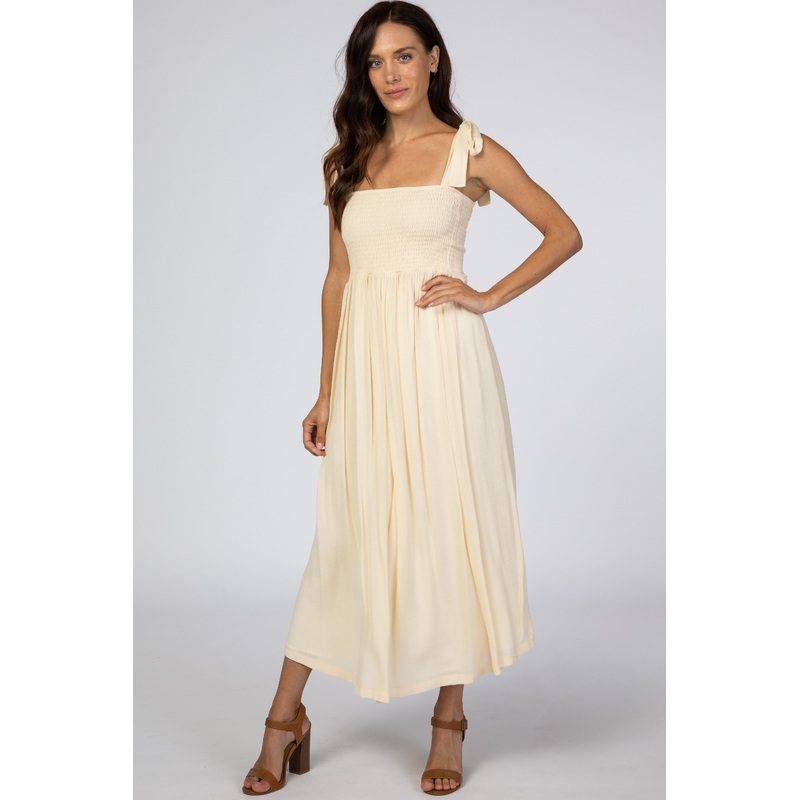 Beige Smocked Tie Strap Midi Dress