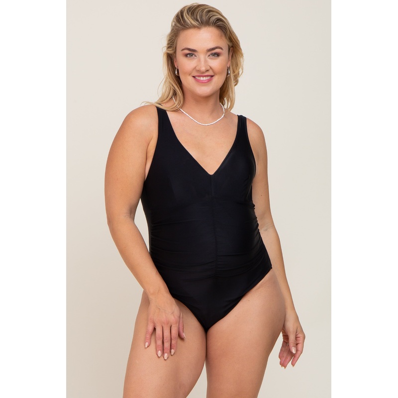 Black Ruched Plus Maternity One Piece Swimsuit