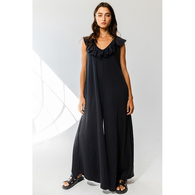Black Ruffle Accent Wide Leg Jumpsuit