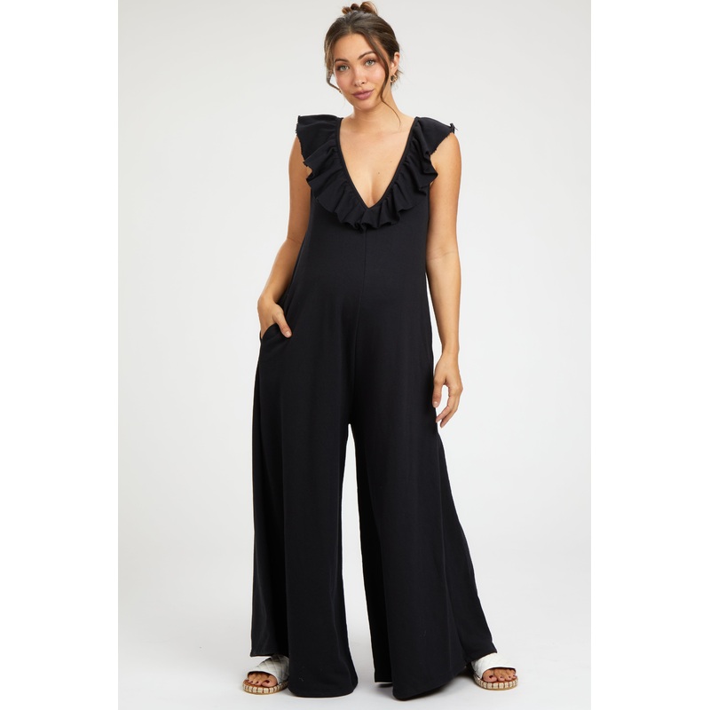 Black Ruffle Accent Wide Leg Maternity Jumpsuit