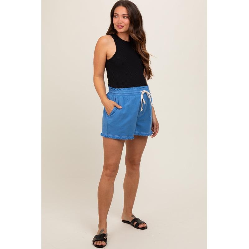 Blue Drawstring Fringe Hem Maternity Shorts