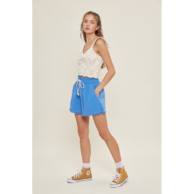 Blue Drawstring Fringe Hem Shorts