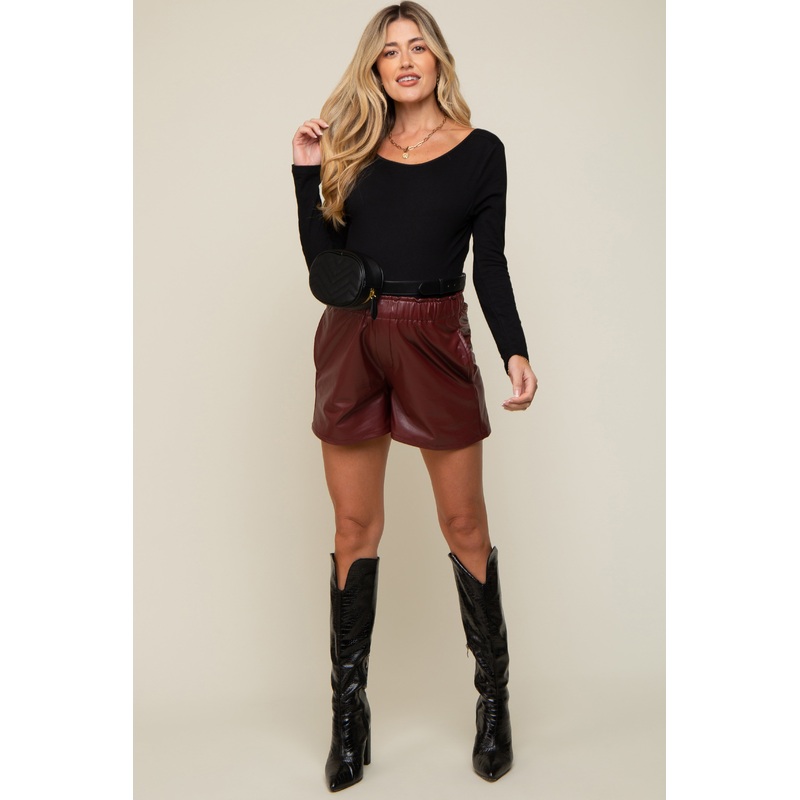 Burgundy Faux Leather Maternity Shorts