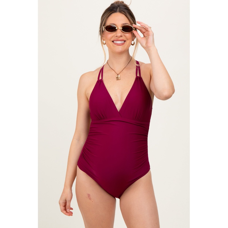 Burgundy Ruched Side Strappy Cross Back Maternity One Piece Swimsuit