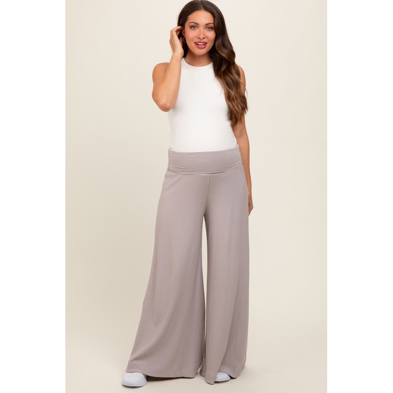 Grey Ribbed Foldover Waist Maternity Wide Leg Pants