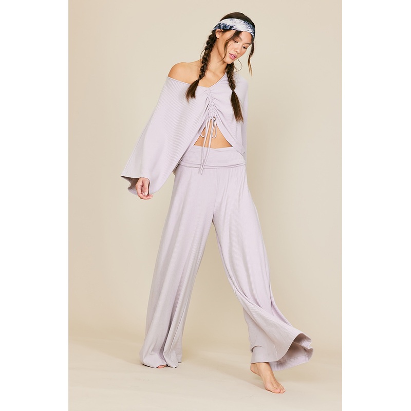 Grey Ribbed Foldover Waist Wide Leg Pants