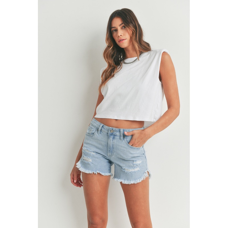 Light Denim Curved Fray Hem Jean Shorts