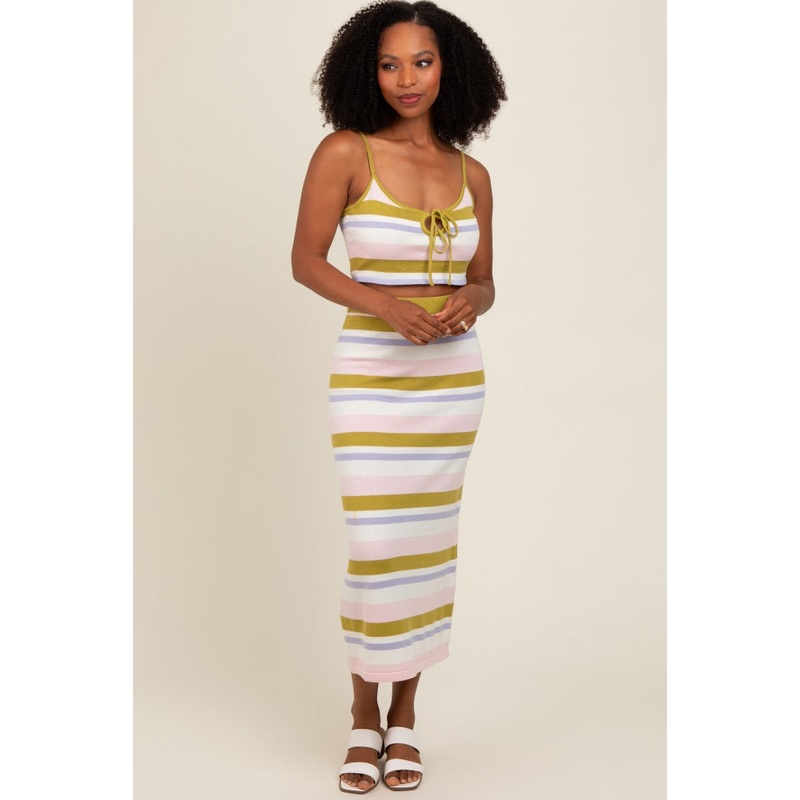 Lime Striped Rib Knit Crop Top Skirt Set